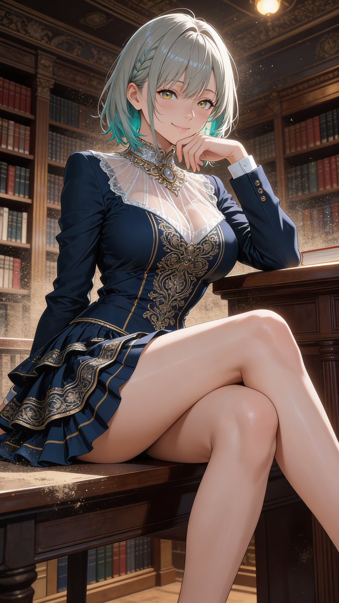 Seedream 5.0 AI 生成的经典图书馆藏青裙动漫学者少女