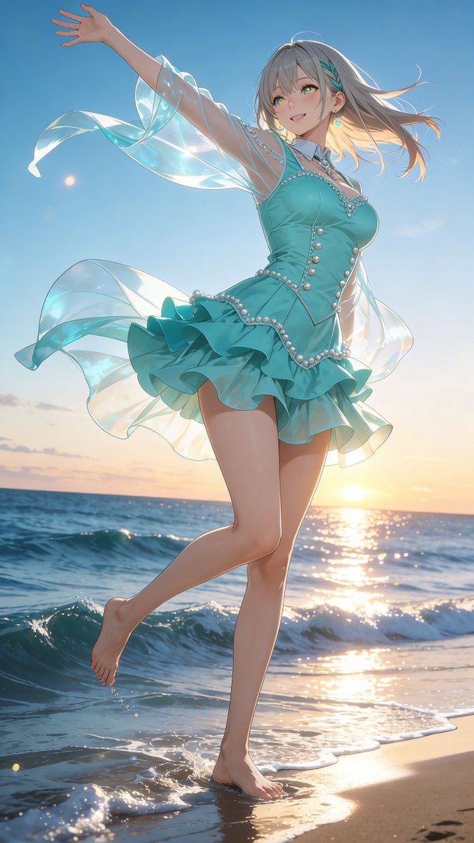 Seedream 5.0 AI 生成的海边夕阳蓝绿裙动漫少女舞蹈