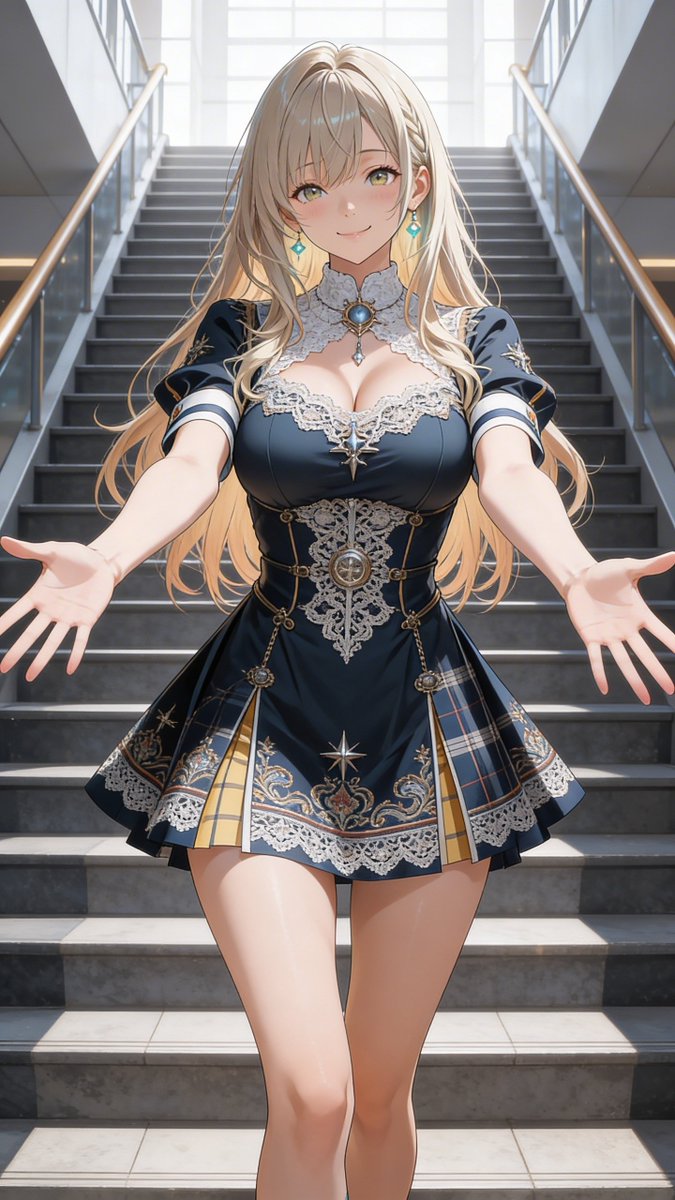 Seedream 5.0 AI 生成的哥特学院制服动漫少女站在楼梯