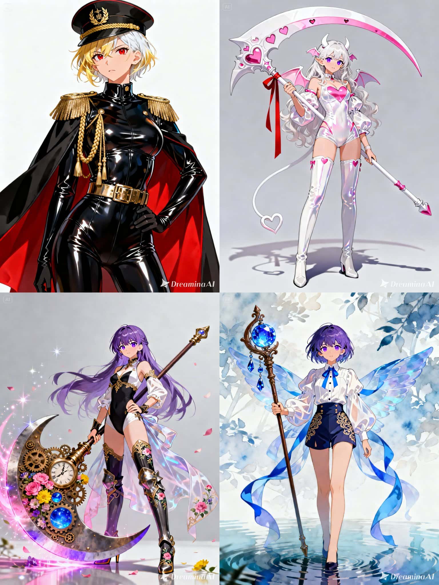 Seedream 5.0 AI 生成的四种奇幻原型动漫角色设计图