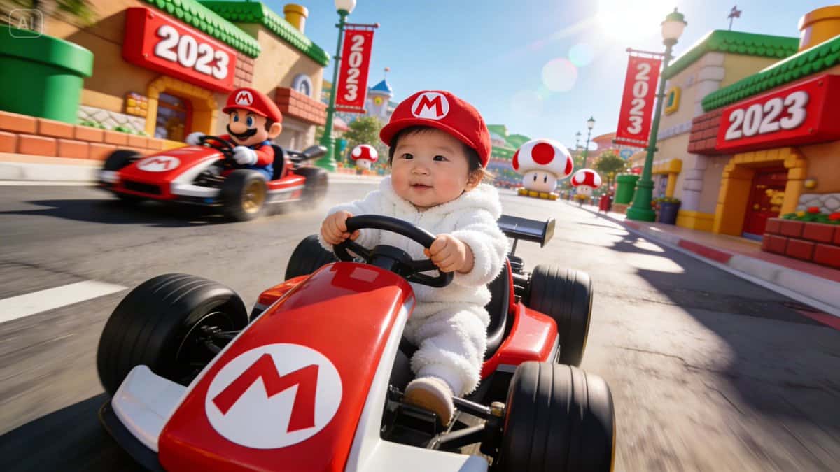 Seedream 5.0 AI 生成的马里奥卡丁车写实游戏世界中的婴儿赛手