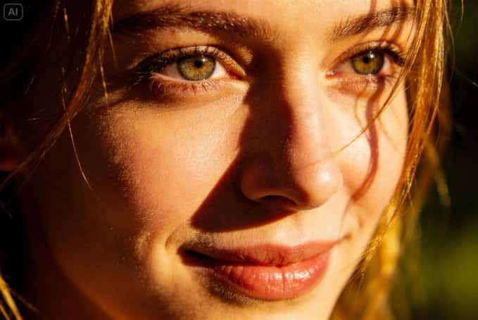 Seedream 5.0 AI 生成的超写实女性人像,绿眸自然光效