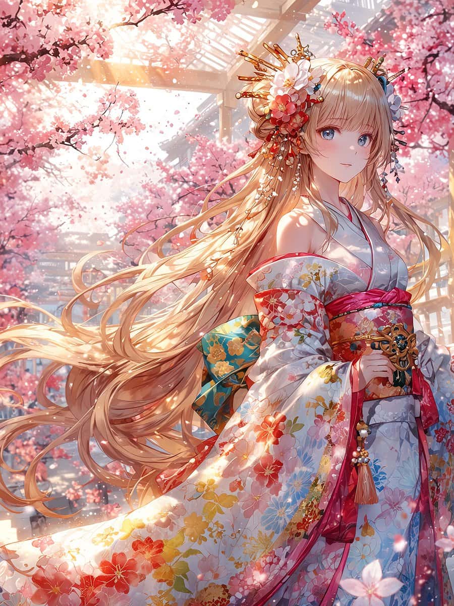 Seedream 5.0 AI 生成的樱花树下和服动漫少女