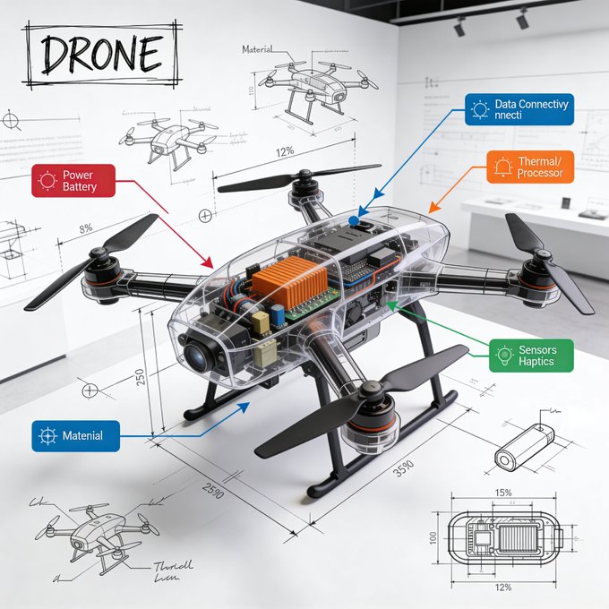 Seedream 5.0 AI 生成的无人机技术信息图,含组件标注和蓝图标记