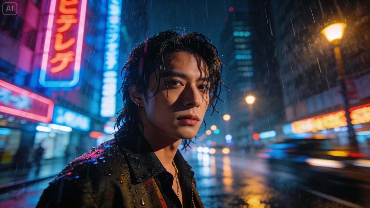 Seedream 5.0 AI 生成的霓虹雨夜电影风男性人像